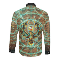 Horus Eye of Ra Long Sleeve Button Shirt Golden Falcon Ancient Egyptian Symbol in Futuristic