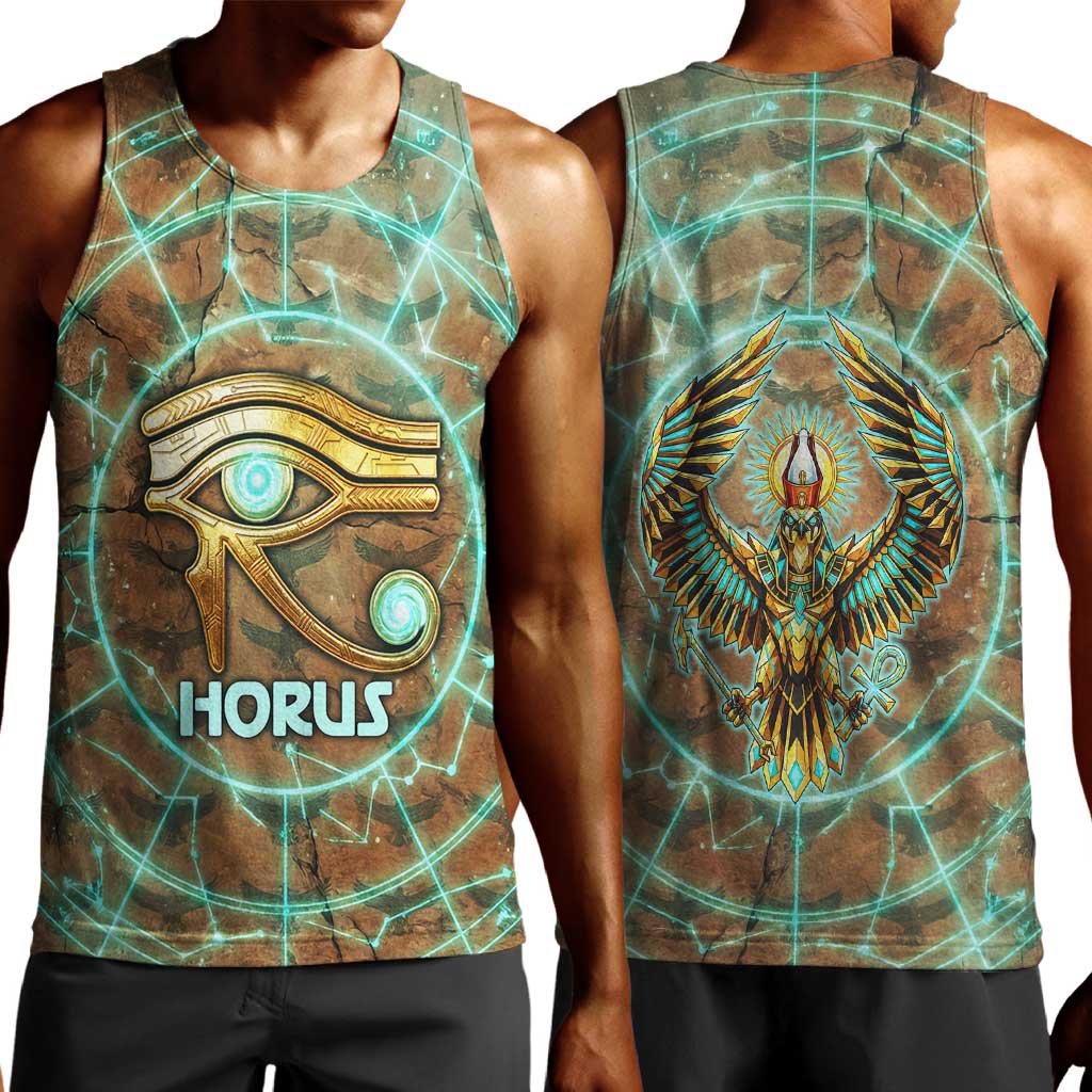 Horus Eye of Ra Men Tank Top Golden Falcon Ancient Egyptian Symbol in Futuristic
