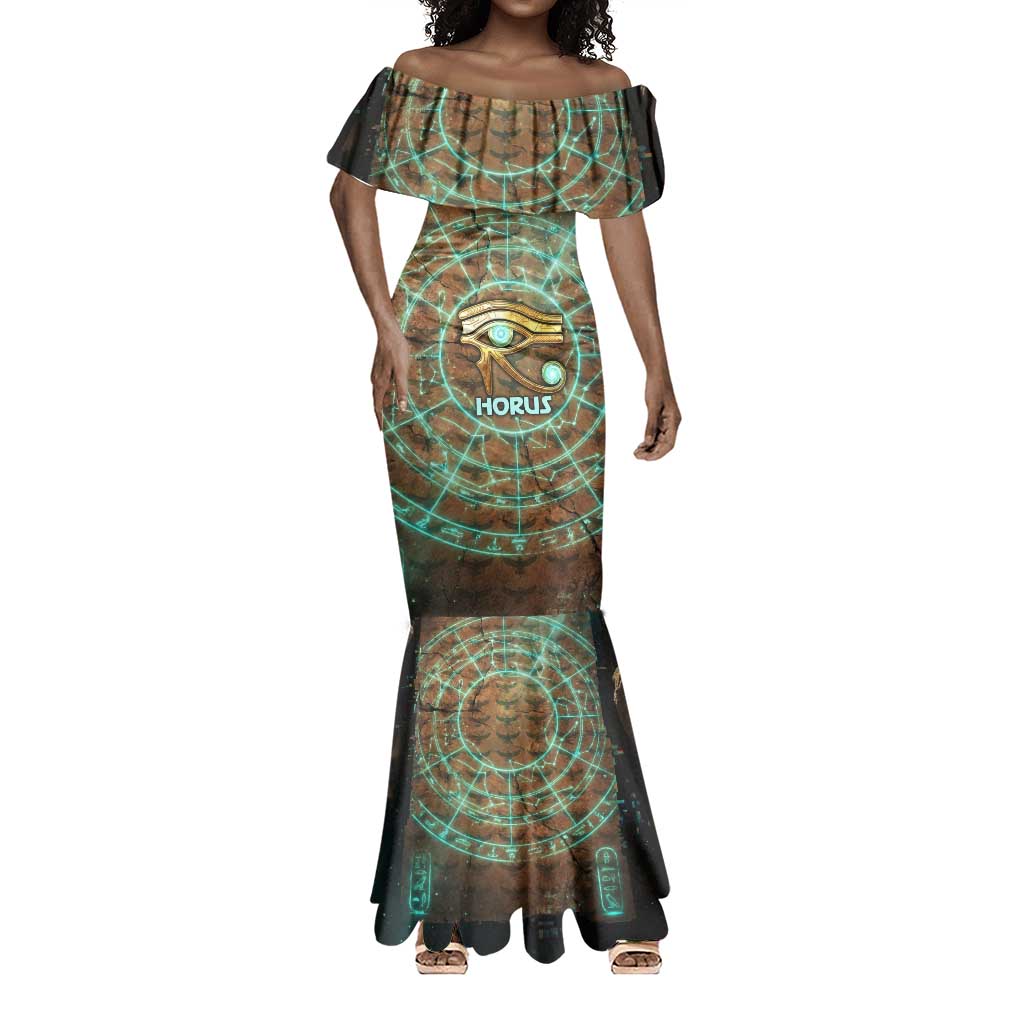 Horus Eye of Ra Mermaid Dress Golden Falcon Ancient Egyptian Symbol in Futuristic