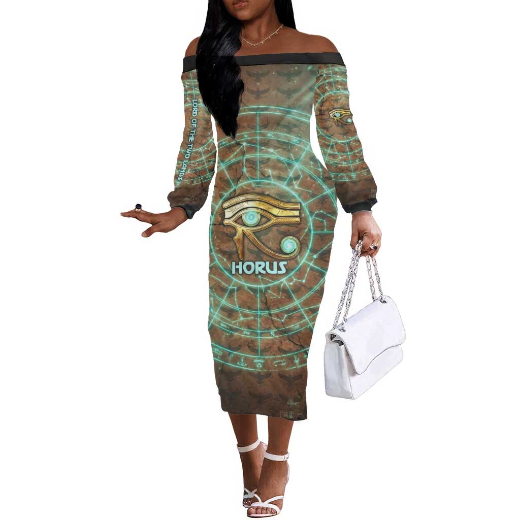 Horus Eye of Ra Off The Shoulder Long Sleeve Dress Golden Falcon Ancient Egyptian Symbol in Futuristic