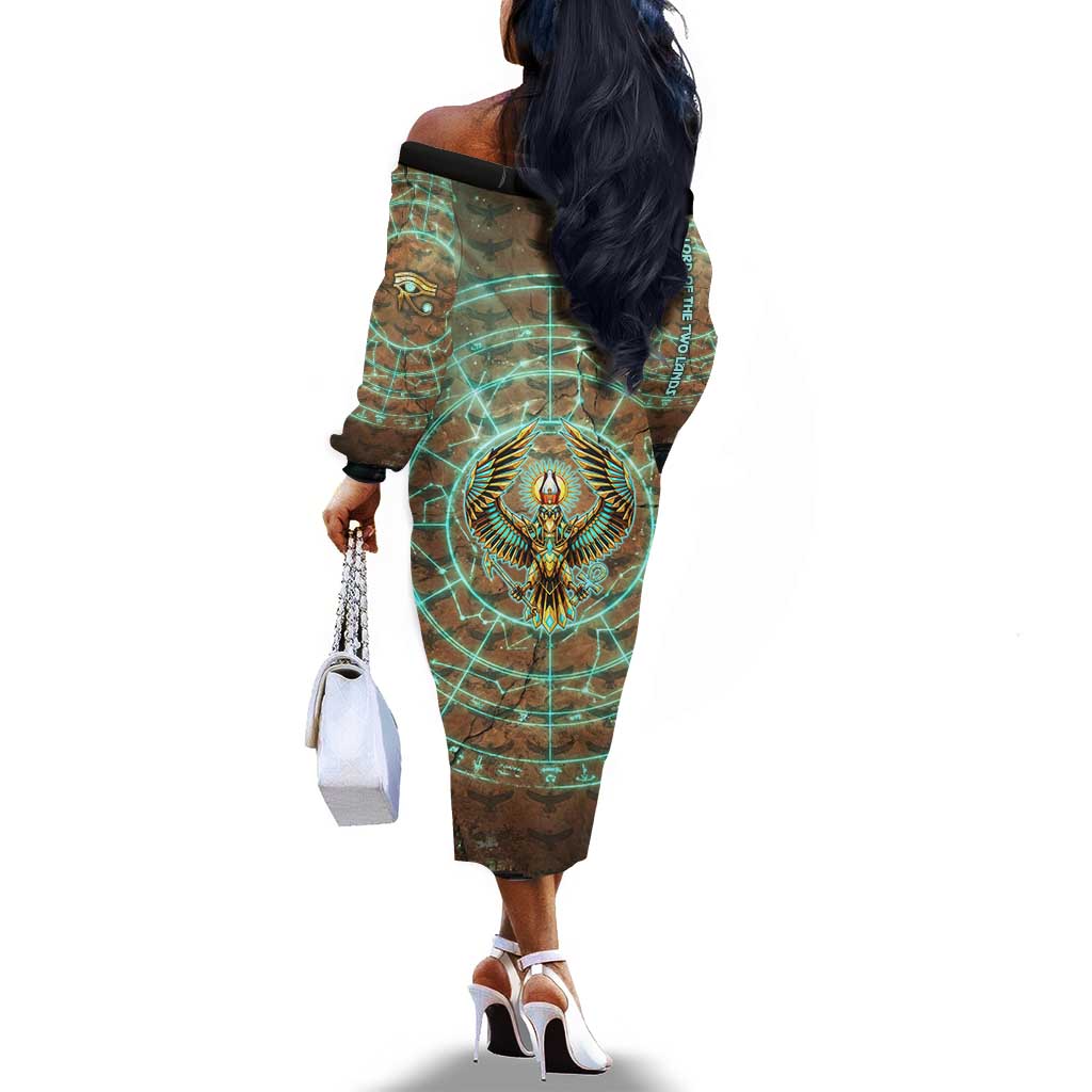 Horus Eye of Ra Off The Shoulder Long Sleeve Dress Golden Falcon Ancient Egyptian Symbol in Futuristic
