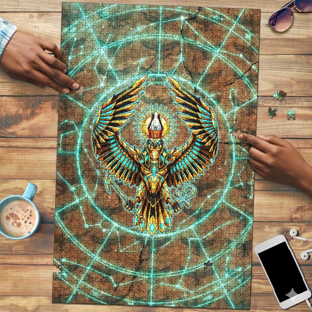 Horus Eye of Ra Puzzle Golden Falcon Ancient Egyptian Symbol in Futuristic