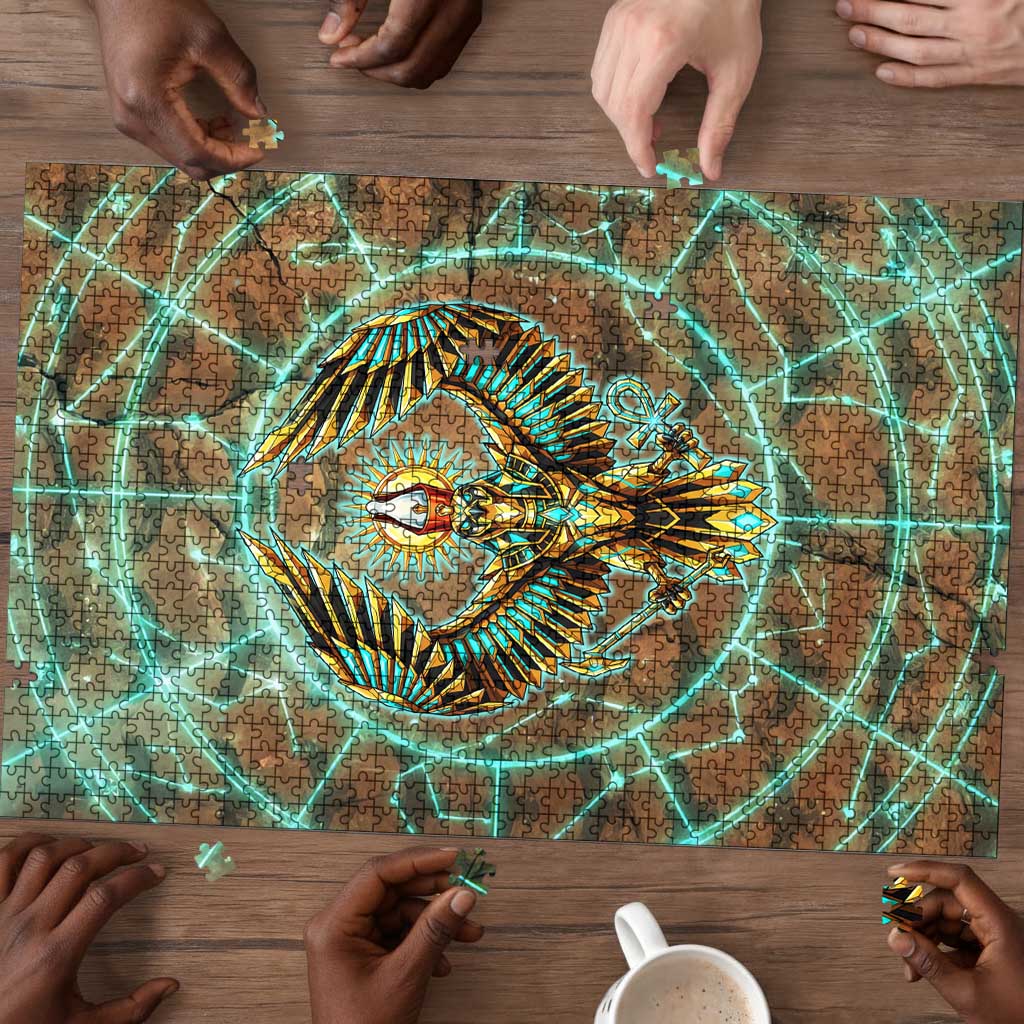 Horus Eye of Ra Puzzle Golden Falcon Ancient Egyptian Symbol in Futuristic