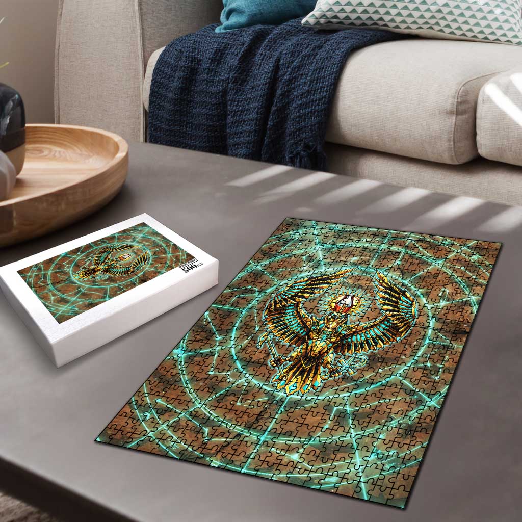 Horus Eye of Ra Puzzle Golden Falcon Ancient Egyptian Symbol in Futuristic