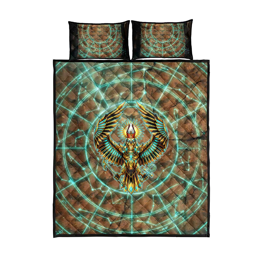 Horus Eye of Ra Quilt Bed Set Golden Falcon Ancient Egyptian Symbol in Futuristic