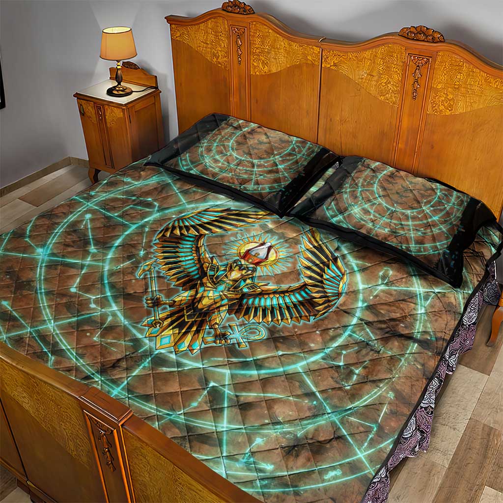 Horus Eye of Ra Quilt Bed Set Golden Falcon Ancient Egyptian Symbol in Futuristic