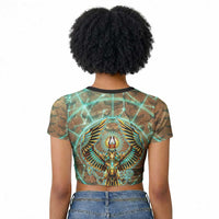 Horus Eye of Ra Raglan Cropped T shirt Golden Falcon Ancient Egyptian Symbol in Futuristic