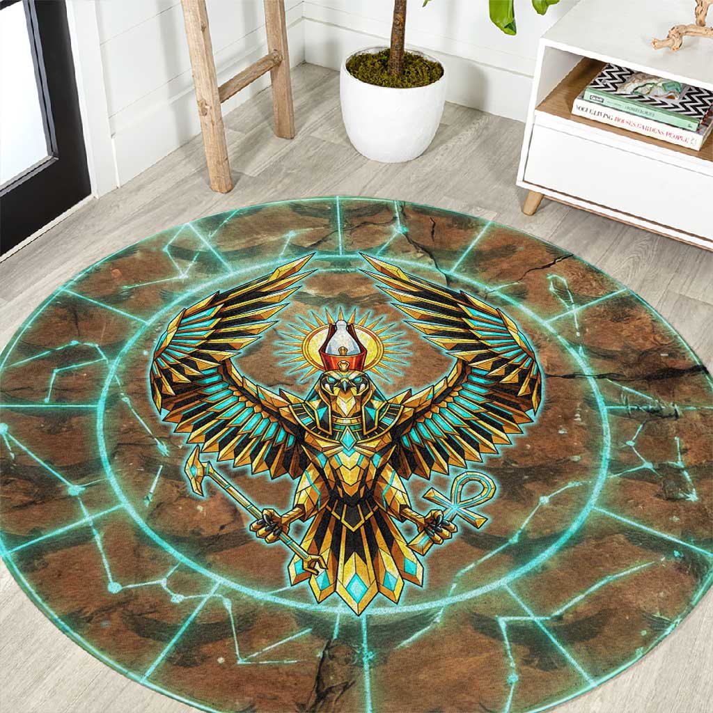 Horus Eye of Ra Round Carpet Golden Falcon Ancient Egyptian Symbol in Futuristic