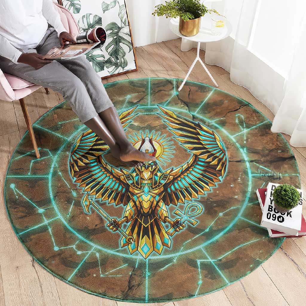 Horus Eye of Ra Round Carpet Golden Falcon Ancient Egyptian Symbol in Futuristic