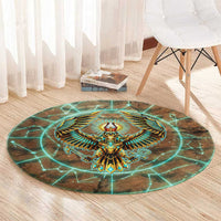 Horus Eye of Ra Round Carpet Golden Falcon Ancient Egyptian Symbol in Futuristic