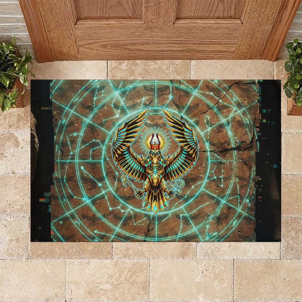 Horus Eye of Ra Rubber Doormat Golden Falcon Ancient Egyptian Symbol in Futuristic