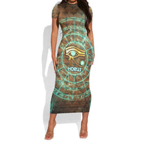 Horus Eye of Ra Short Sleeve Bodycon Dress Golden Falcon Ancient Egyptian Symbol in Futuristic