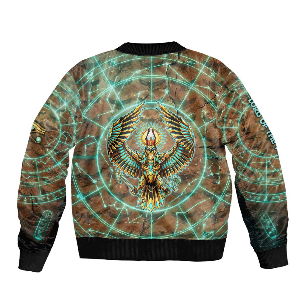 Horus Eye of Ra Sleeve Zip Bomber Jacket Golden Falcon Ancient Egyptian Symbol in Futuristic