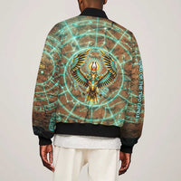 Horus Eye of Ra Sleeve Zip Bomber Jacket Golden Falcon Ancient Egyptian Symbol in Futuristic