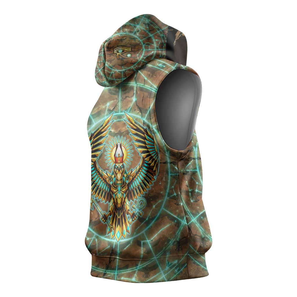 Horus Eye of Ra Sleeveless Hoodie Golden Falcon Ancient Egyptian Symbol in Futuristic