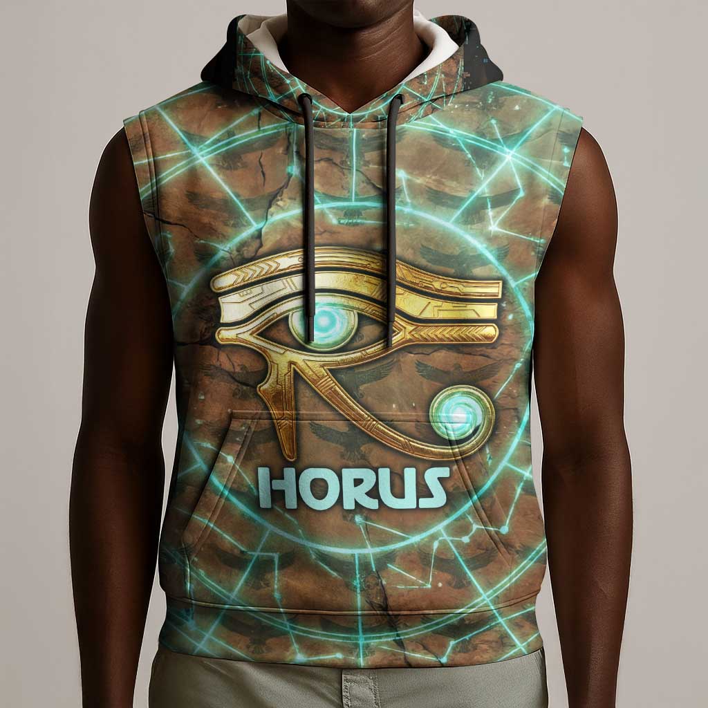 Horus Eye of Ra Sleeveless Hoodie Golden Falcon Ancient Egyptian Symbol in Futuristic