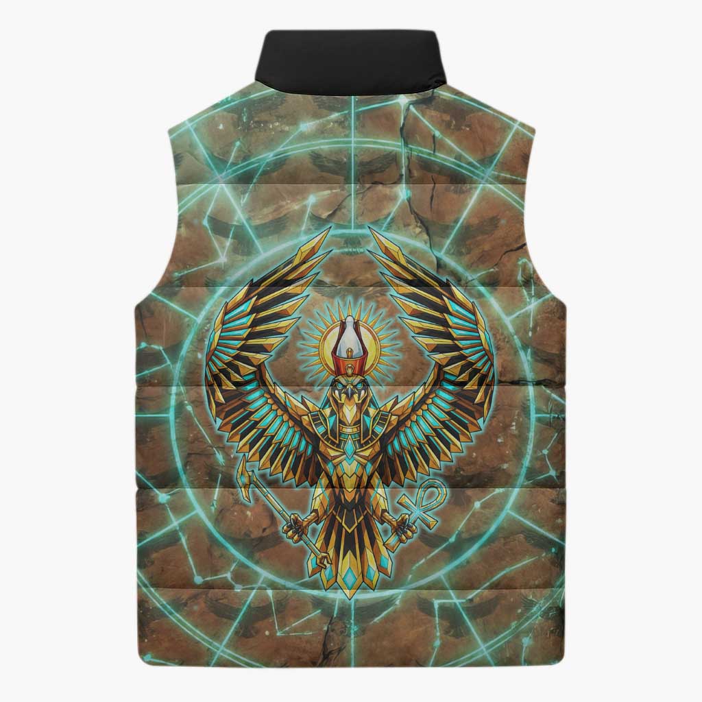 Horus Eye of Ra Sleeveless Puffer Jacket Golden Falcon Ancient Egyptian Symbol in Futuristic