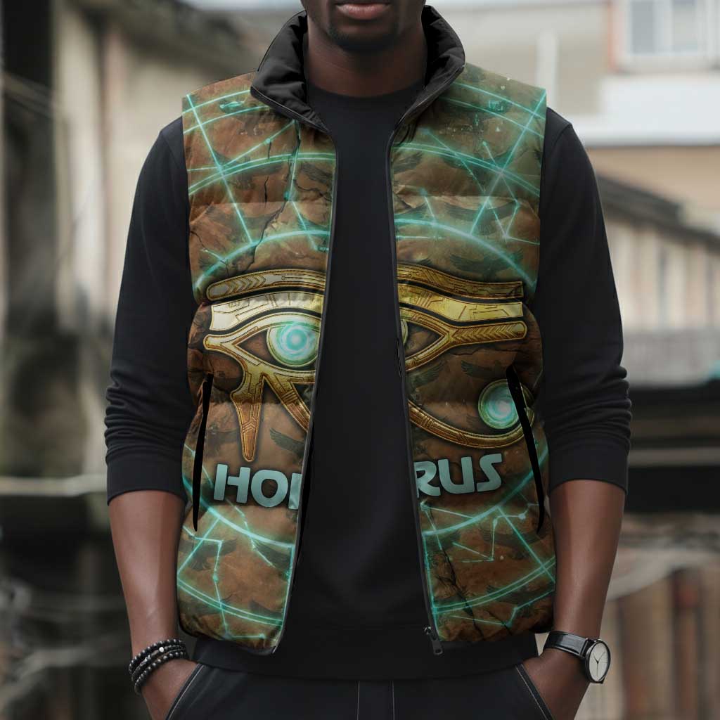 Horus Eye of Ra Sleeveless Puffer Jacket Golden Falcon Ancient Egyptian Symbol in Futuristic