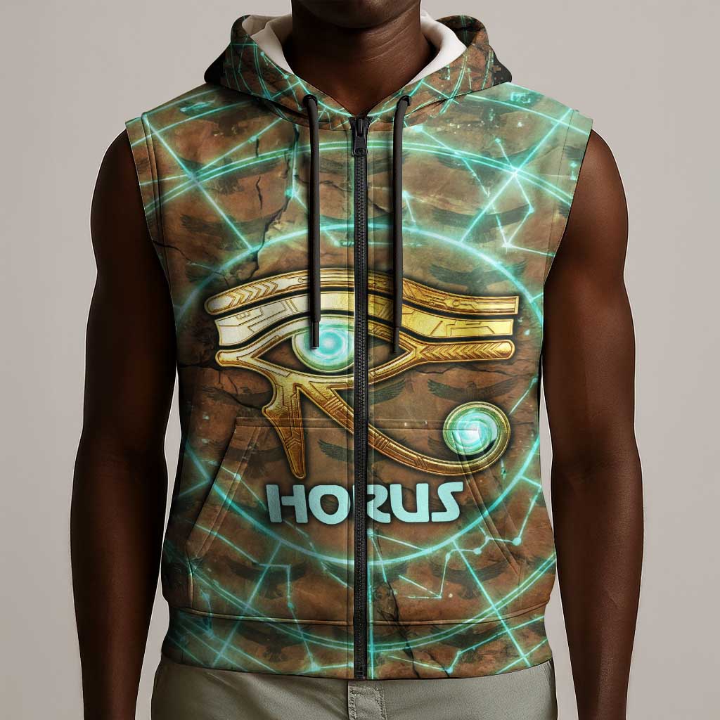 Horus Eye of Ra Sleeveless Zip Hoodie Golden Falcon Ancient Egyptian Symbol in Futuristic