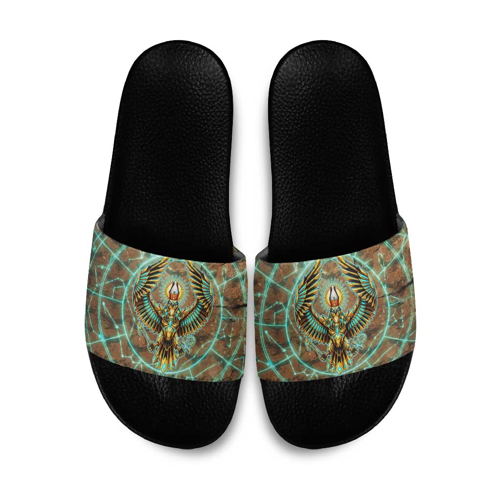 Horus Eye of Ra Slide Sandals Golden Falcon Ancient Egyptian Symbol in Futuristic