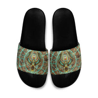 Horus Eye of Ra Slide Sandals Golden Falcon Ancient Egyptian Symbol in Futuristic