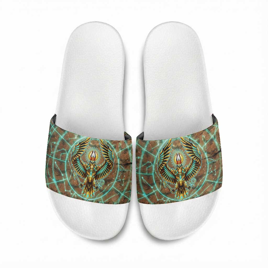 Horus Eye of Ra Slide Sandals Golden Falcon Ancient Egyptian Symbol in Futuristic