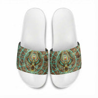 Horus Eye of Ra Slide Sandals Golden Falcon Ancient Egyptian Symbol in Futuristic