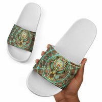Horus Eye of Ra Slide Sandals Golden Falcon Ancient Egyptian Symbol in Futuristic