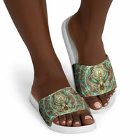 Horus Eye of Ra Slide Sandals Golden Falcon Ancient Egyptian Symbol in Futuristic
