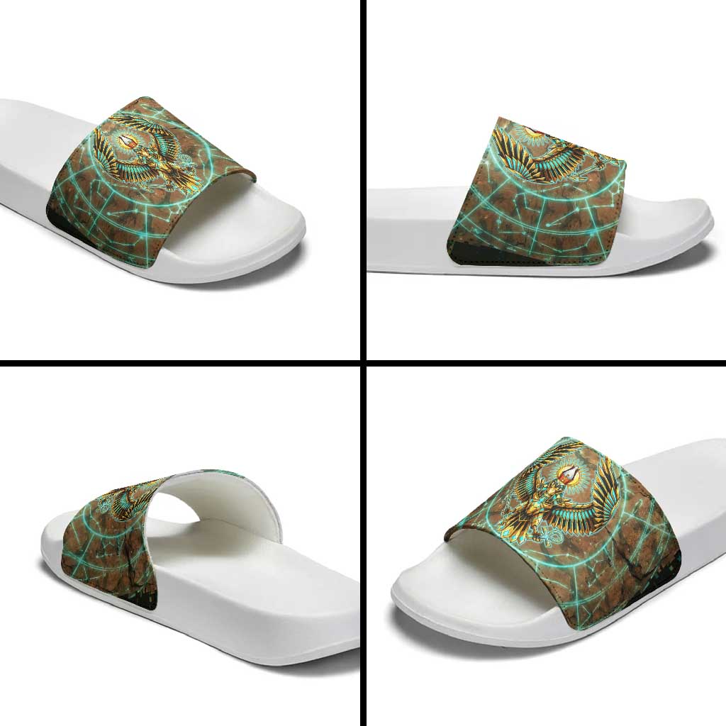 Horus Eye of Ra Slide Sandals Golden Falcon Ancient Egyptian Symbol in Futuristic