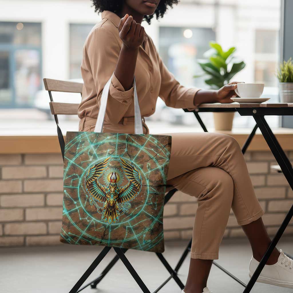 Horus Eye of Ra Tote Bag Golden Falcon Ancient Egyptian Symbol in Futuristic
