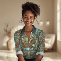 Horus Eye of Ra Women Casual Shirt Golden Falcon Ancient Egyptian Symbol in Futuristic