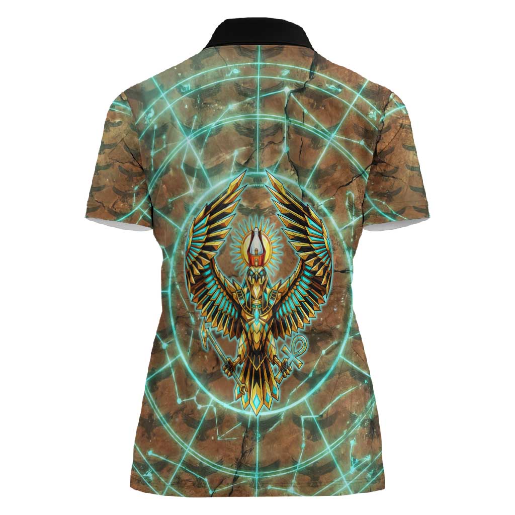 Horus Eye of Ra Women Polo Shirt Golden Falcon Ancient Egyptian Symbol in Futuristic
