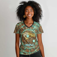 Horus Eye of Ra Women V-Neck T-Shirt Golden Falcon Ancient Egyptian Symbol in Futuristic