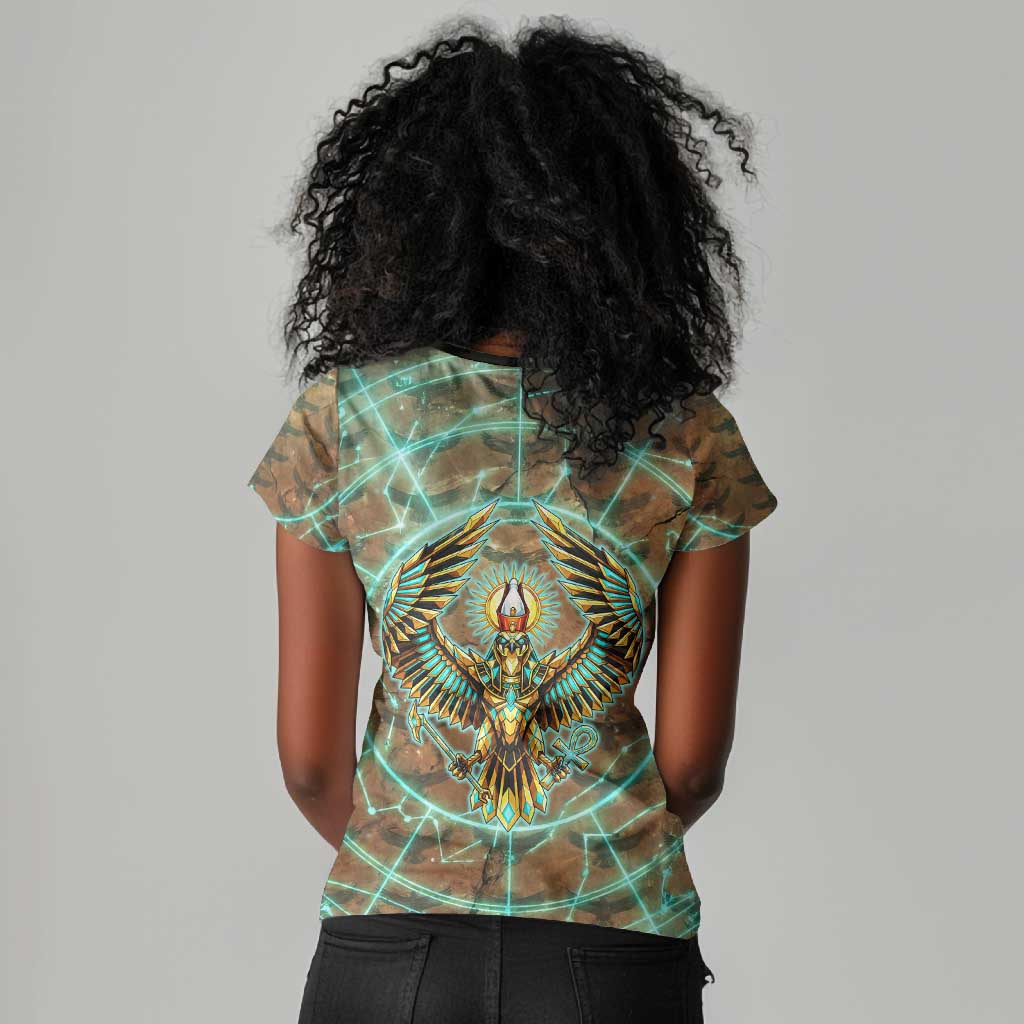 Horus Eye of Ra Women V-Neck T-Shirt Golden Falcon Ancient Egyptian Symbol in Futuristic