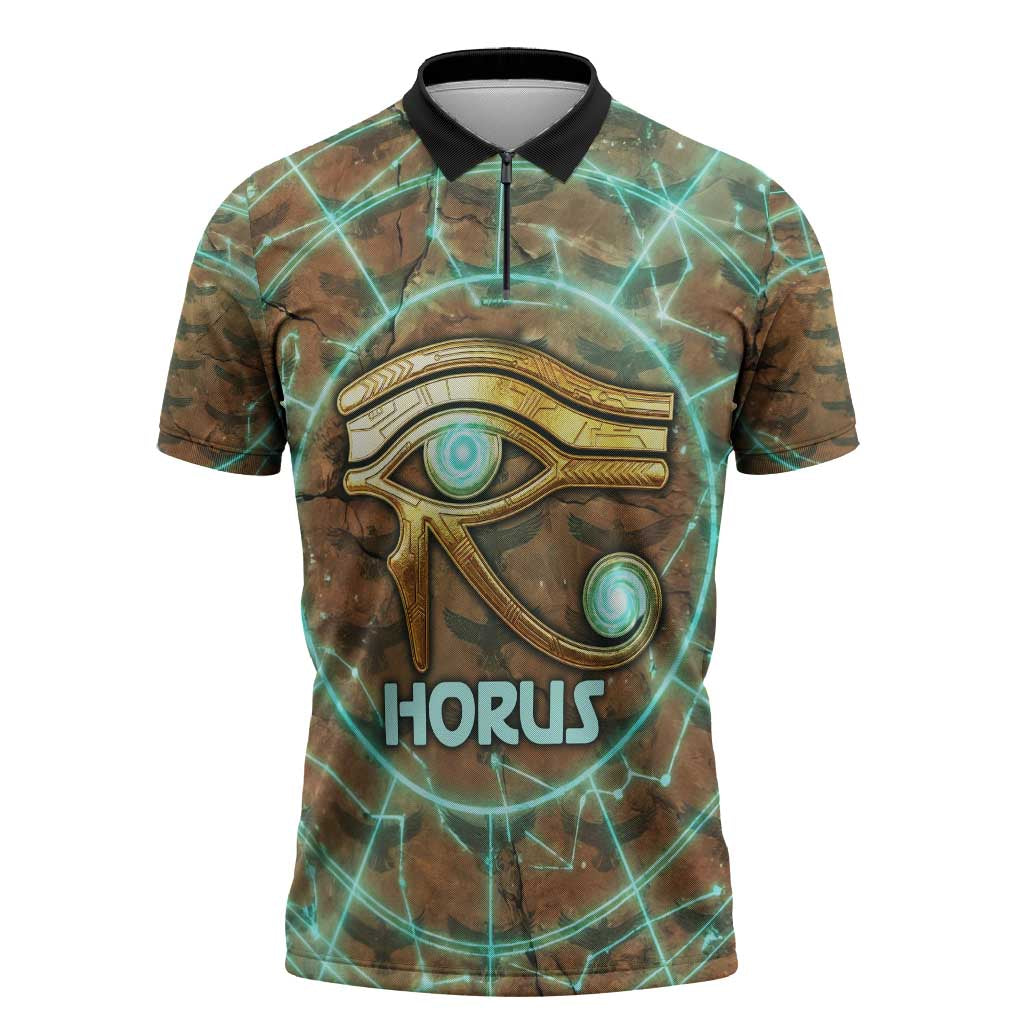 Horus Eye of Ra Zipper Polo Shirt Golden Falcon Ancient Egyptian Symbol in Futuristic