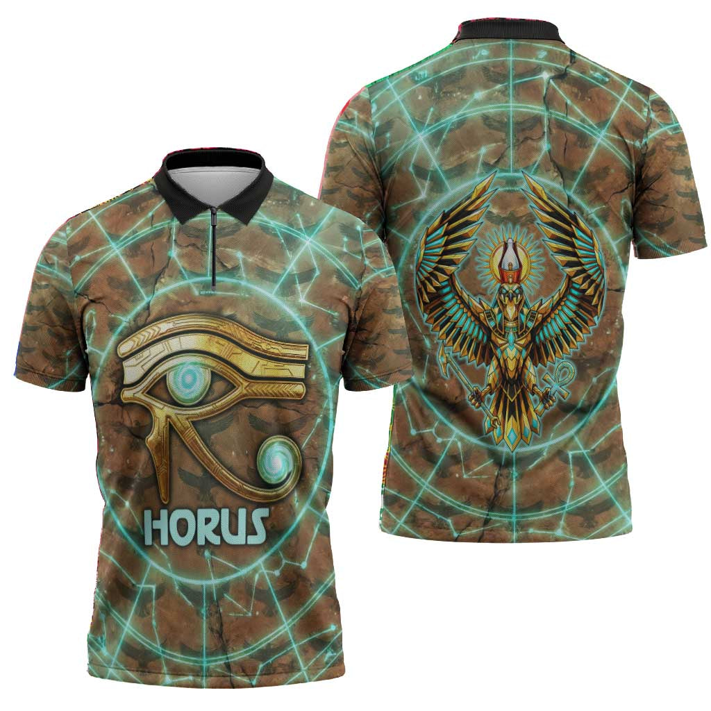 Horus Eye of Ra Zipper Polo Shirt Golden Falcon Ancient Egyptian Symbol in Futuristic