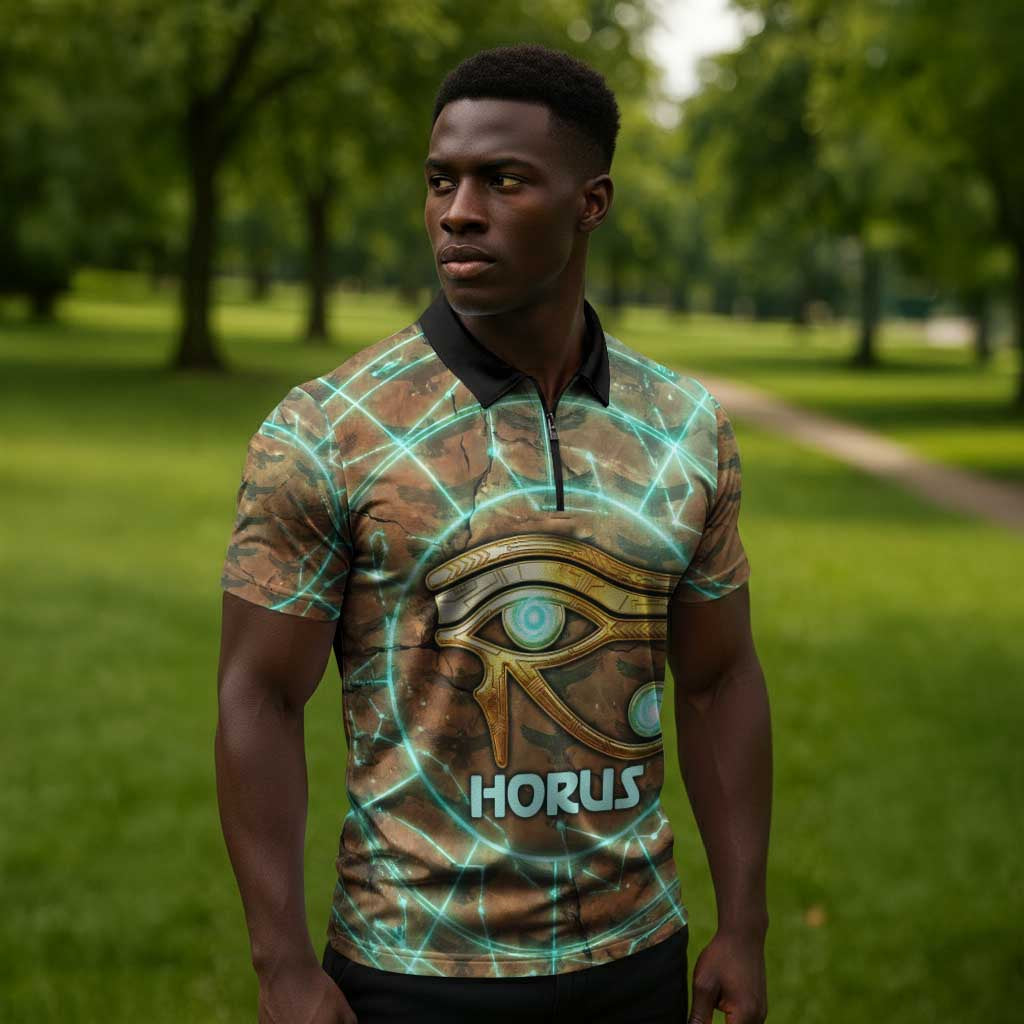 Horus Eye of Ra Zipper Polo Shirt Golden Falcon Ancient Egyptian Symbol in Futuristic