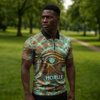 Horus Eye of Ra Zipper Polo Shirt Golden Falcon Ancient Egyptian Symbol in Futuristic