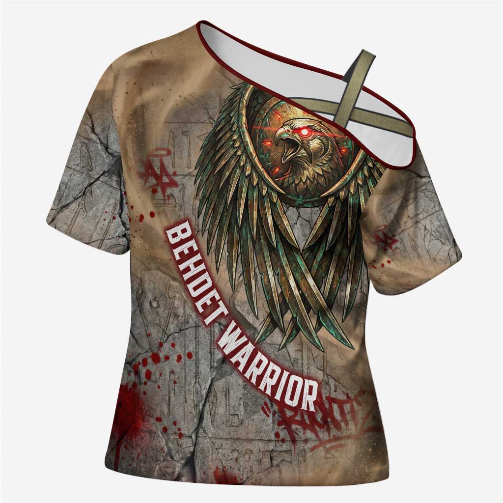 Horus Behdety Warrior Cross Shoulder Shirt with Falcon Mask and Spear Ancient Egyptian Combat