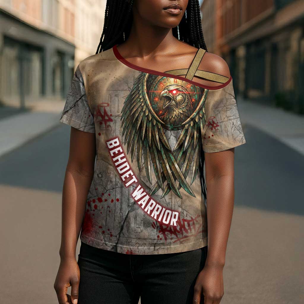 Horus Behdety Warrior Cross Shoulder Shirt with Falcon Mask and Spear Ancient Egyptian Combat