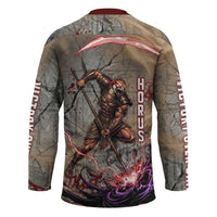 Horus Behdety Warrior Hockey Jersey with Falcon Mask and Spear Ancient Egyptian Combat