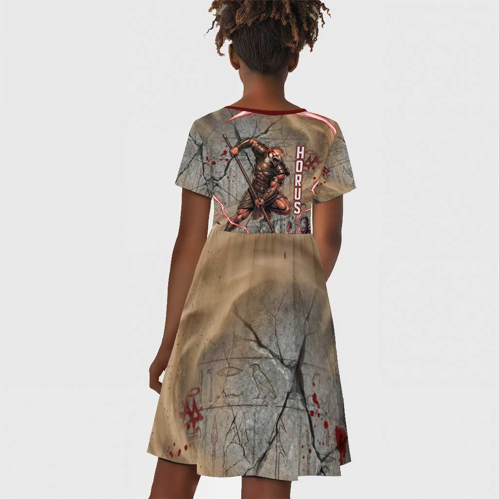 Horus Behdety Warrior Kid Short Sleeve Dress with Falcon Mask and Spear Ancient Egyptian Combat