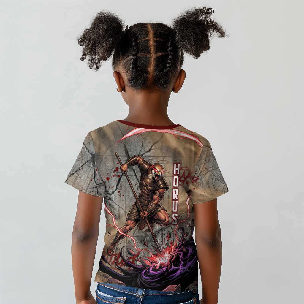 Horus Behdety Warrior Kid T shirt with Falcon Mask and Spear Ancient Egyptian Combat