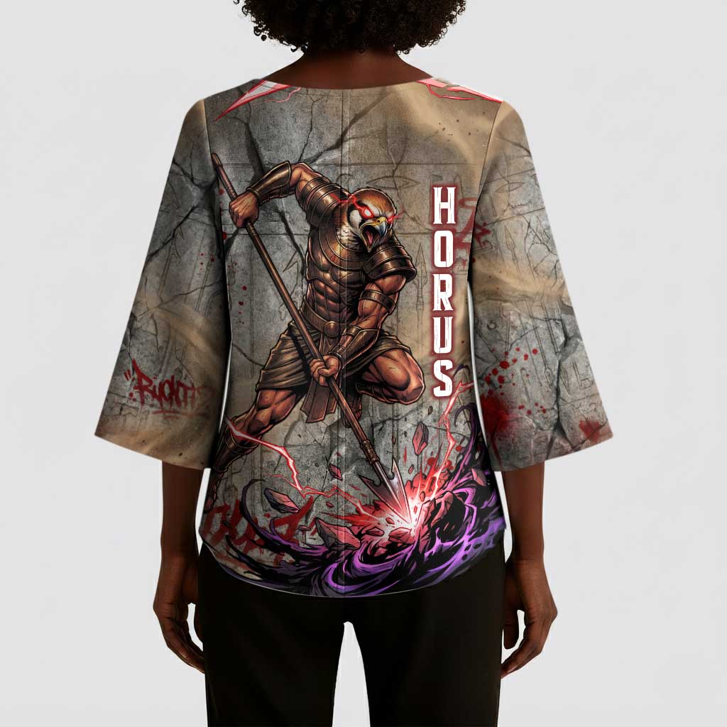 Horus Behdety Warrior Kimono Sleeve Blouse with Falcon Mask and Spear Ancient Egyptian Combat