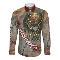 Horus Behdety Warrior Long Sleeve Button Shirt with Falcon Mask and Spear Ancient Egyptian Combat
