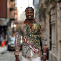 Horus Behdety Warrior Long Sleeve Button Shirt with Falcon Mask and Spear Ancient Egyptian Combat