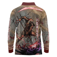 Horus Behdety Warrior Long Sleeve Polo Shirt with Falcon Mask and Spear Ancient Egyptian Combat