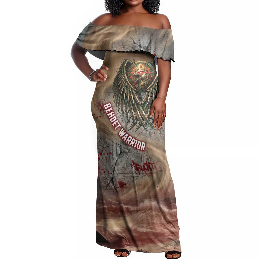 Horus Behdety Warrior Off Shoulder Maxi Dress with Falcon Mask and Spear Ancient Egyptian Combat