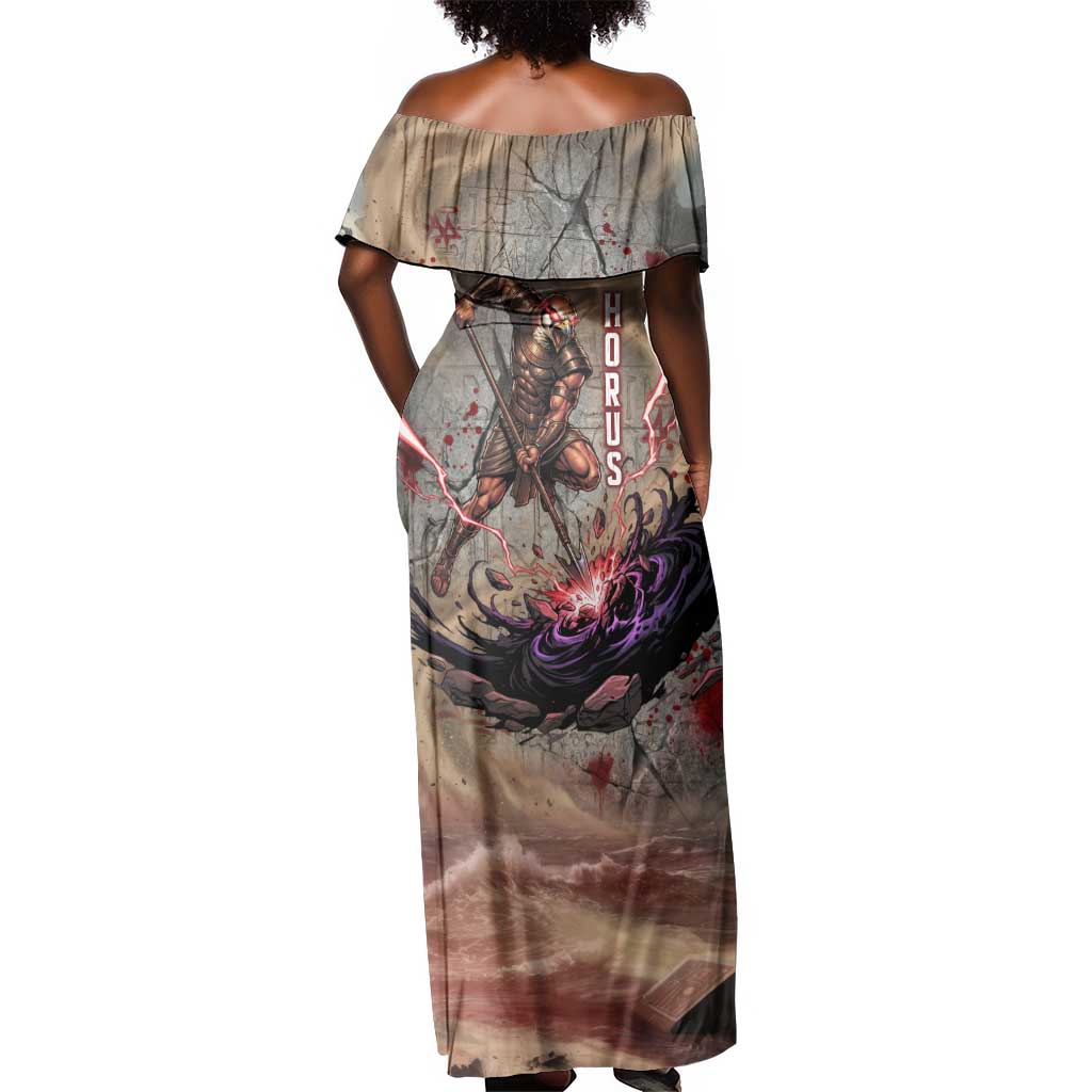 Horus Behdety Warrior Off Shoulder Maxi Dress with Falcon Mask and Spear Ancient Egyptian Combat